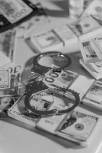 silver handcuffs on top of bundled paper money