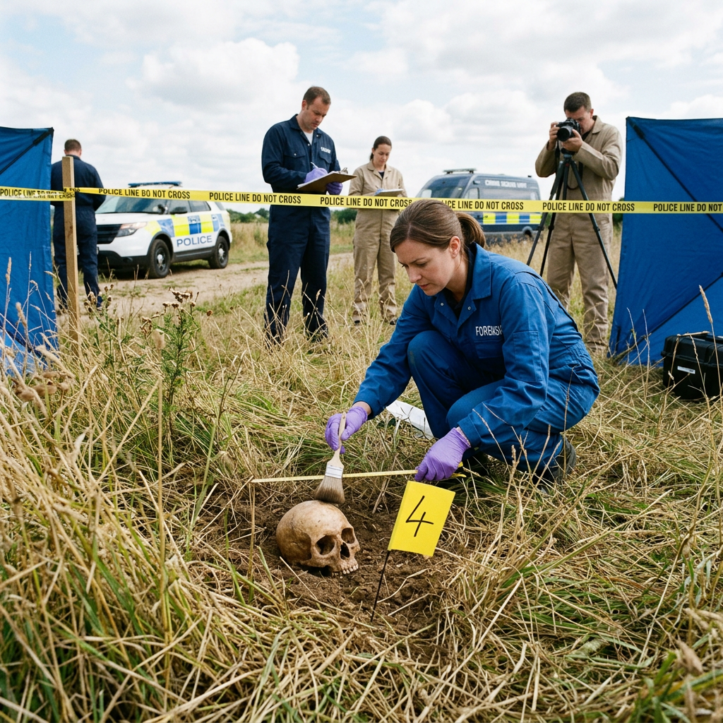 Forensic investigator brushing dirt near human skull with police officers and crime scene markers