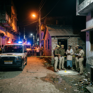 Police officers discussing evidence at a night crime scene in a narrow street in Sitamarhi with police vehicles and bystanders