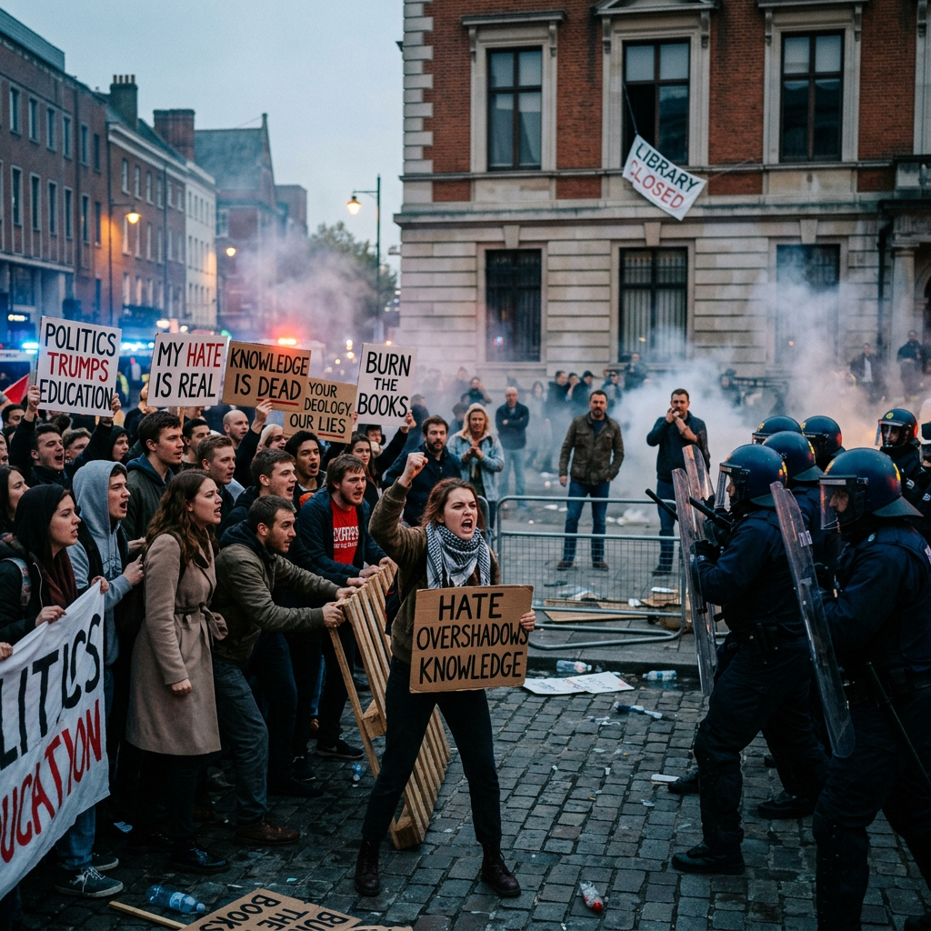 Group of protesters holding signs about politics, hate, knowledge, and books facing riot police outside a building