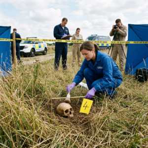 Forensic investigator brushing dirt near human skull with police officers and crime scene markers
